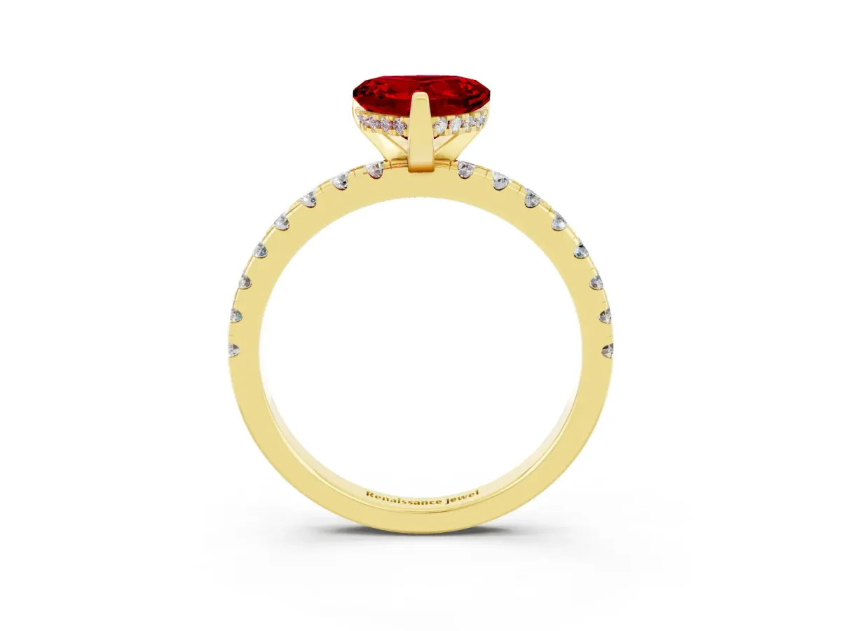 Heart Cut Ruby Solitaire Ring with Round Pavé Band and Four-Prong Setting Yellow gold