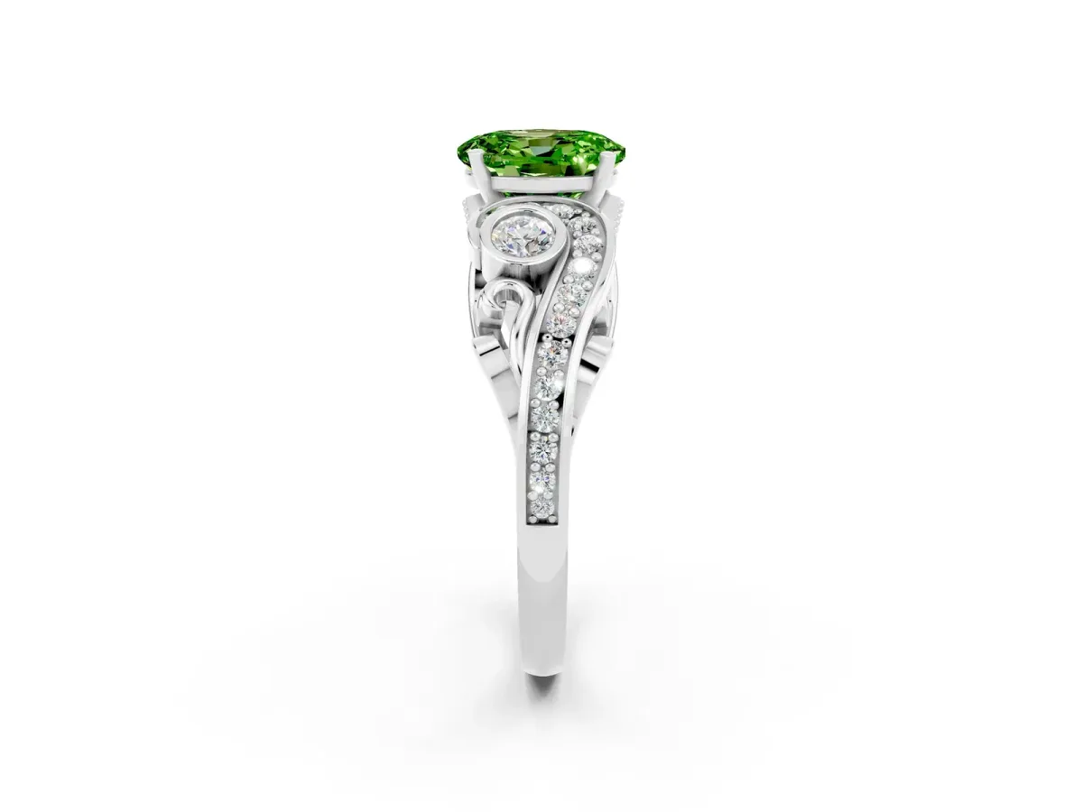 Oval Cut Peridot Solitaire Ring with Milgrain Pavé Band and Four-Prong Setting Silver