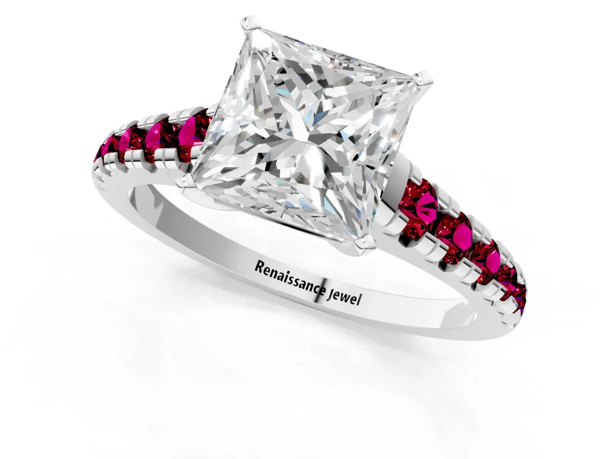 Princess Cut Diamond Cathedral Solitaire Ring with Round Garnet Pavé Band Silver