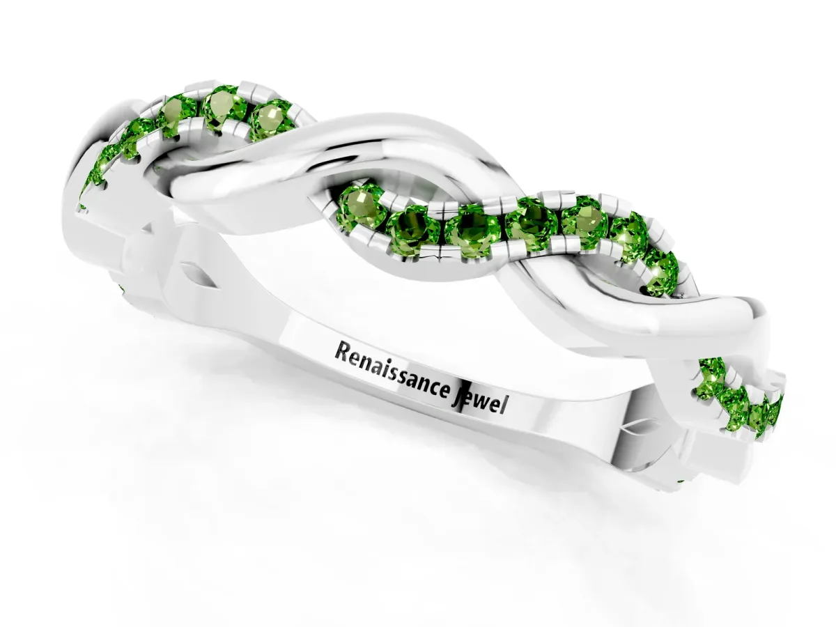 Round Peridot Twist Eternity Band with Pavé Setting Platinum
