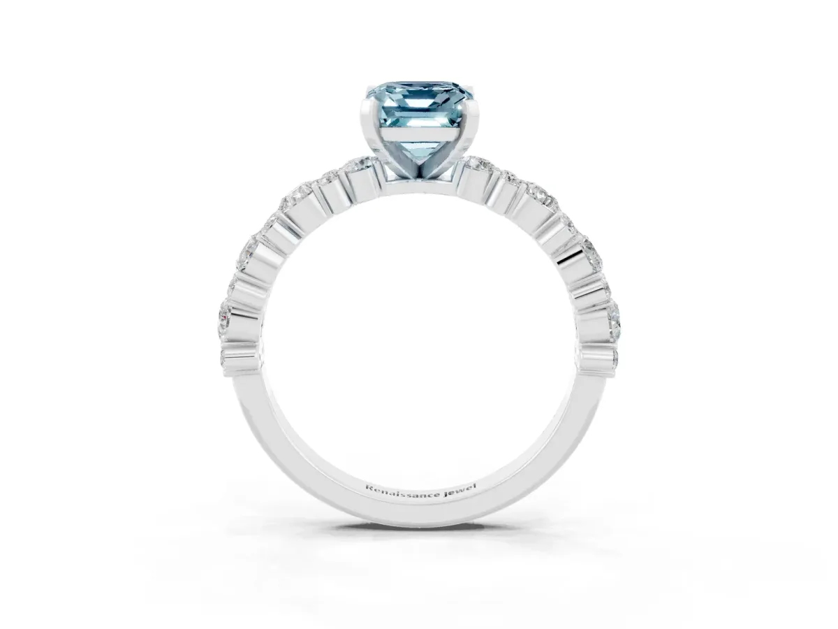 Emerald Cut Aquamarine Side Stone Solitaire Ring with Round and Four-Prong Setting Silver