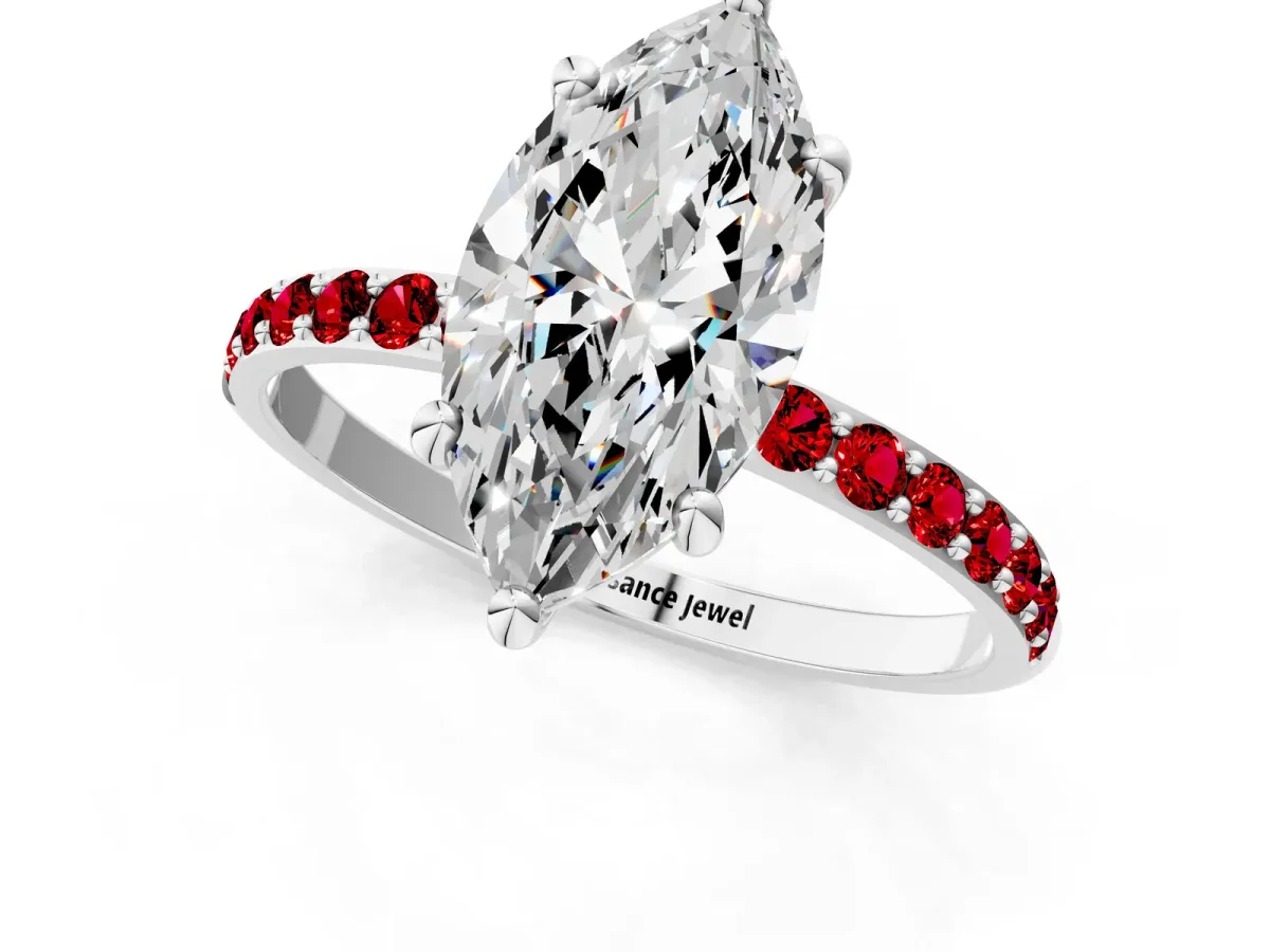 Marquise Cut Diamond Solitaire Ring with Round Ruby Pavé Band and Prong Setting Platinum