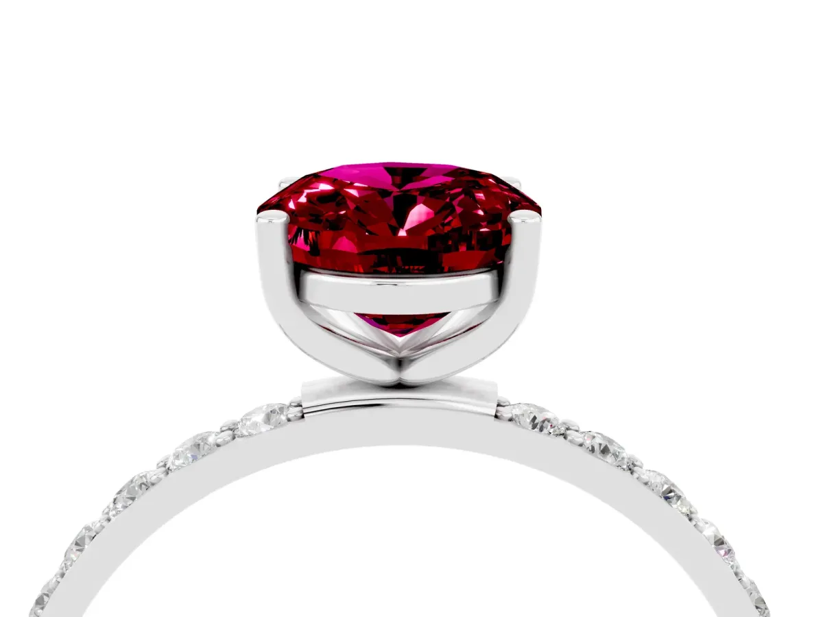 Oval Cut Garnet Solitaire Ring with Round Pavé Band and Prong Setting Platinum