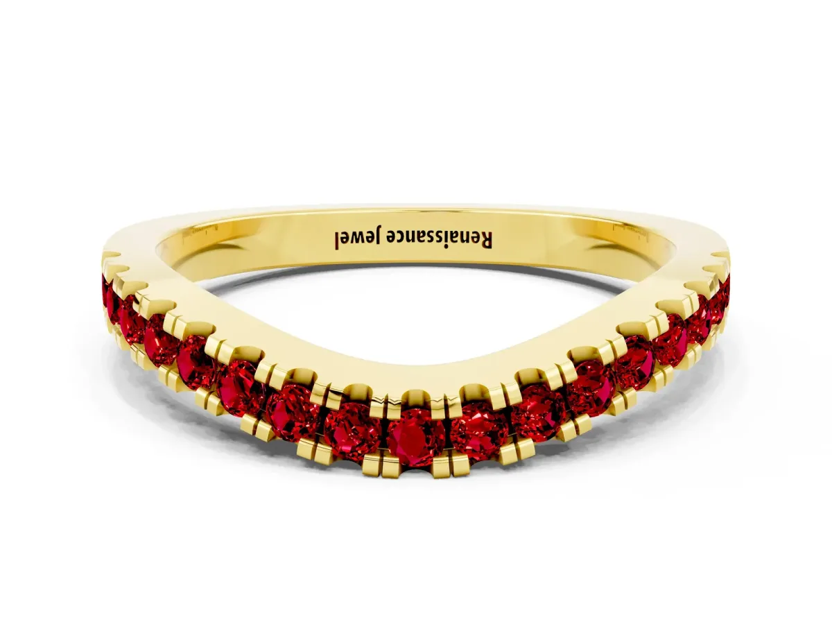 Round Ruby Pavé Curved Band with Shared Prong Setting Yellow gold
