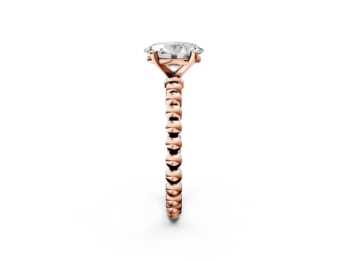 Oval Cut Diamond Solitaire Ring with Beaded Band and Prong Setting Rose gold