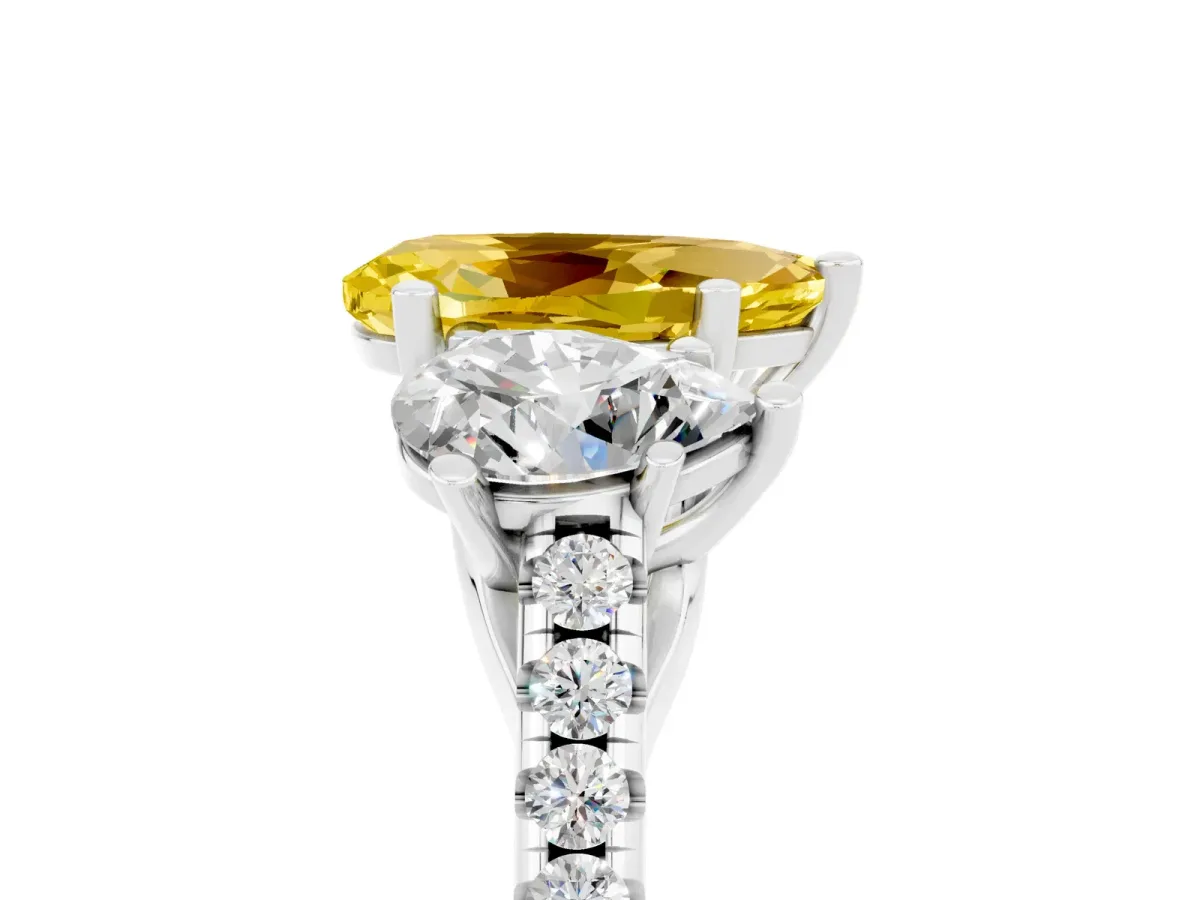 Three-Stone Pear Cut Yellow Sapphire Ring with Round Pavé Band and Prong Setting Silver