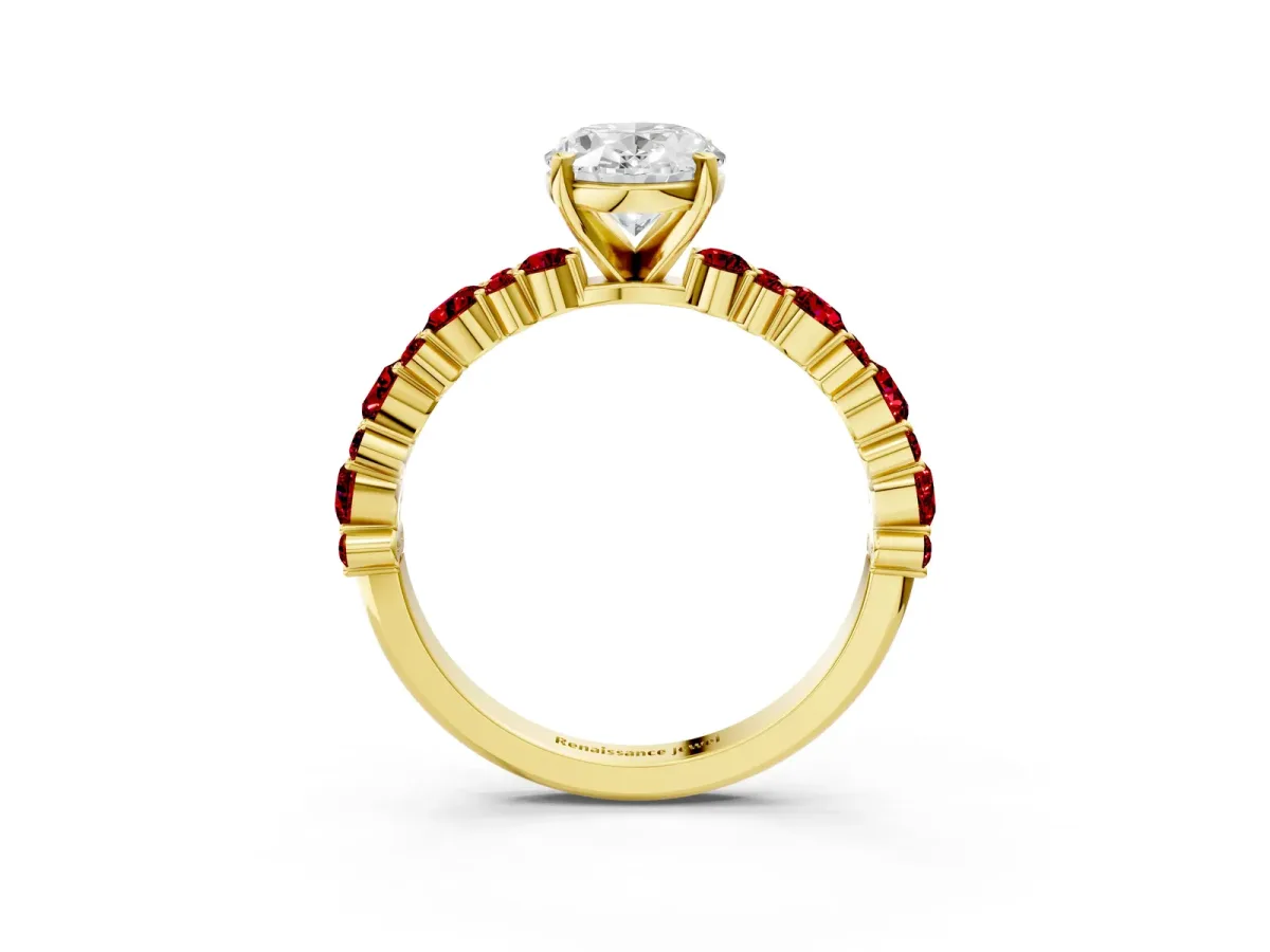 Oval Cut Diamond Side Stone Solitaire Ring with Round Ruby and Four-Prong Setting Yellow gold