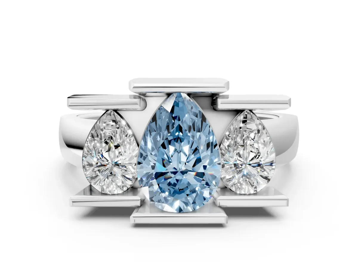 Fancy Blue Three Stone Pear Cut Cut Channel Set Diamond Ring Silver