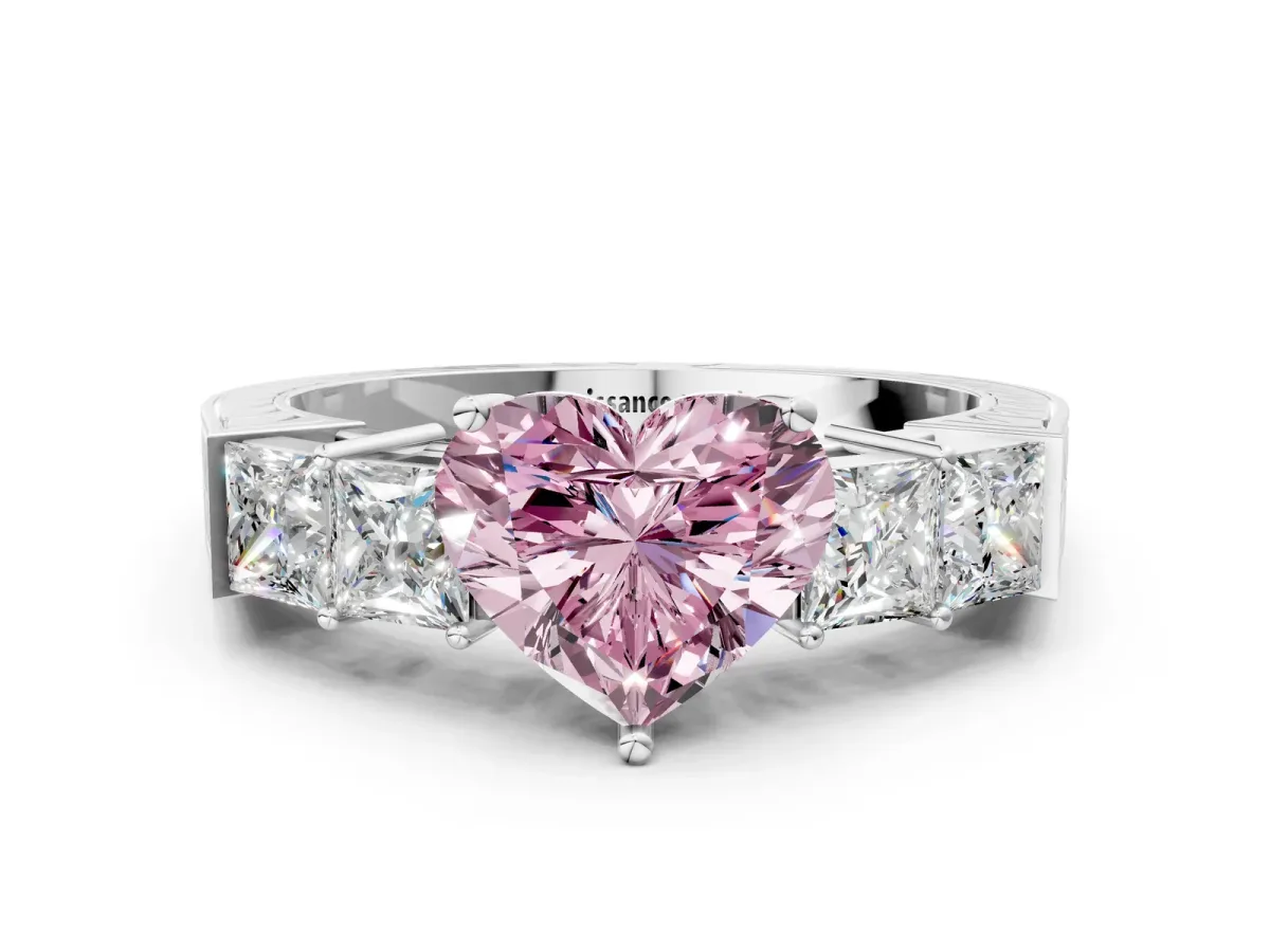 Fancy Pink Heart Cut Solitaire Princess Side Stone Engraved Band Prong Setting Ring Silver