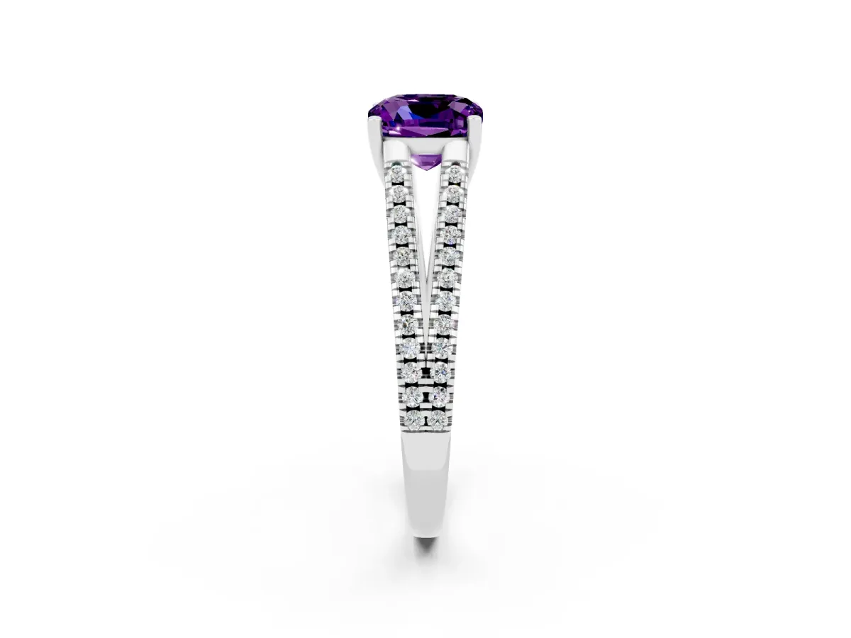 Cushion Cut Amethyst Solitaire Engagement Ring with Split Shank Pavé Band Silver