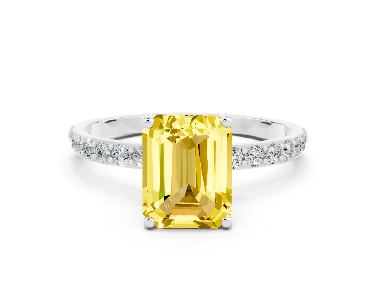 Emerald Cut Yellow Sapphire Solitaire Ring with Round Pavé Shoulders and Prong Setting Silver