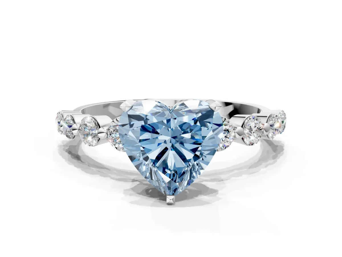 Fancy Blue Heart Cut Solitaire Diamond Ring with Pave Band and Four-Prong Setting Silver