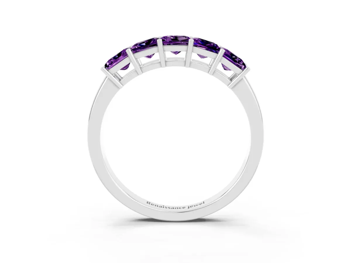 Princess Cut Five-Stone Amethyst Band with Prong Setting Platinum
