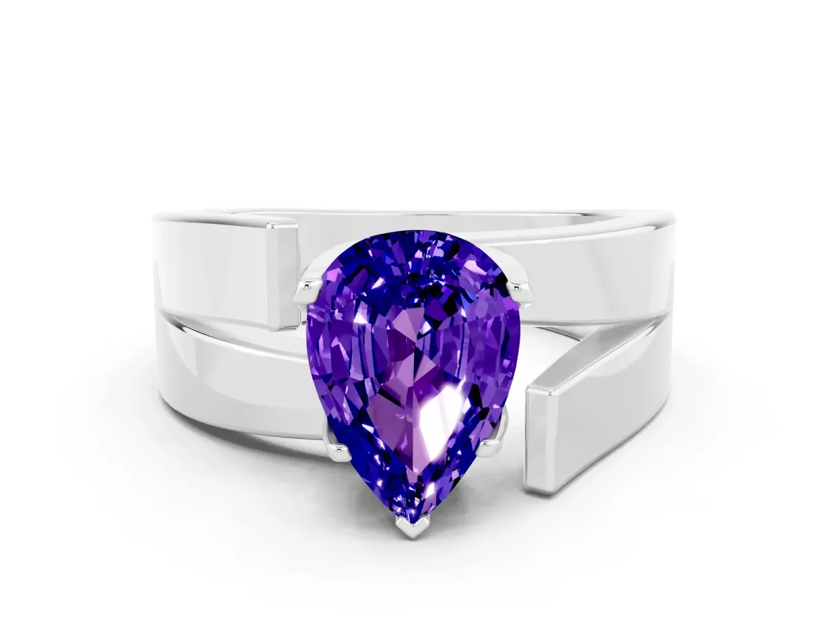 Modern Tension Set Pear Cut Tanzanite Solitaire Wide Band Ring Silver