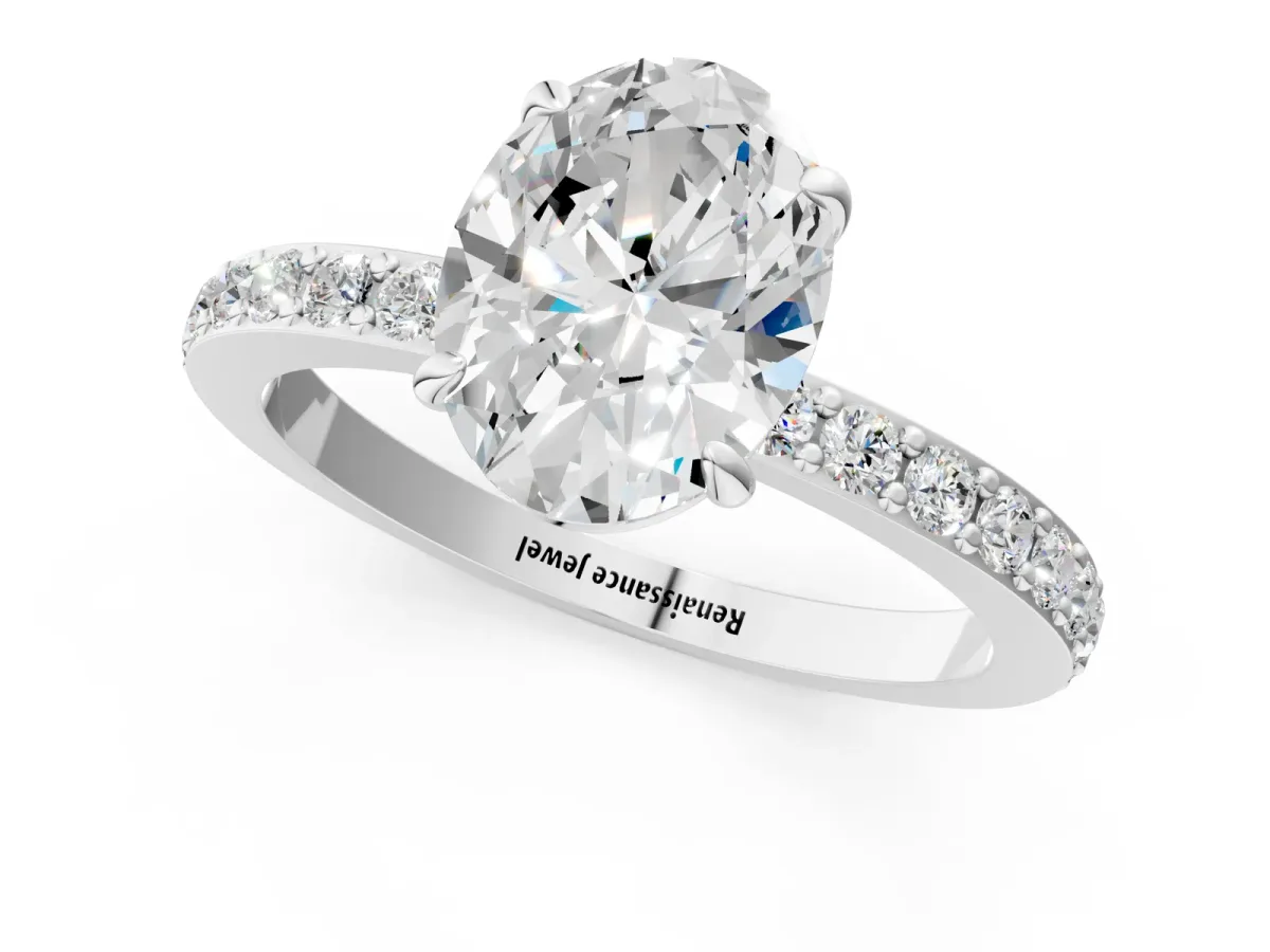 Oval Cut Diamond Solitaire Engagement Ring with Pavé Band and Four-Prong Setting Silver