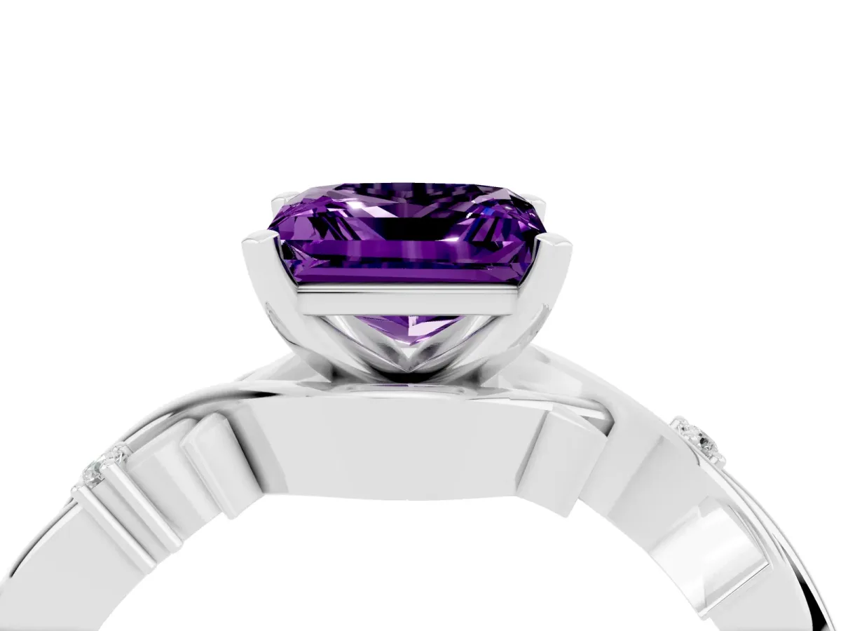 Princess Cut Amethyst Solitaire Ring with Twisted Band and Prong Setting Silver