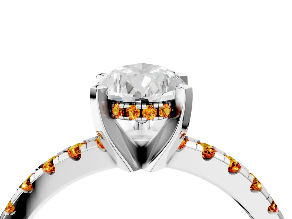 Pear Cut Diamond Solitaire Ring with Round Citrine Pavé Band and Four-Prong Setting Silver