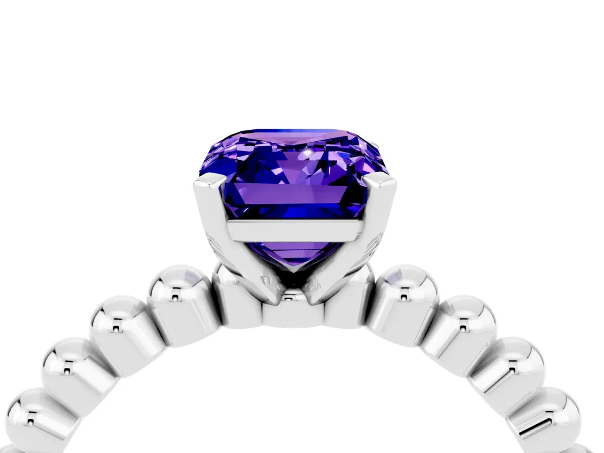 Emerald Cut Tanzanite Solitaire Ring with Beaded Band and Prong Setting Platinum