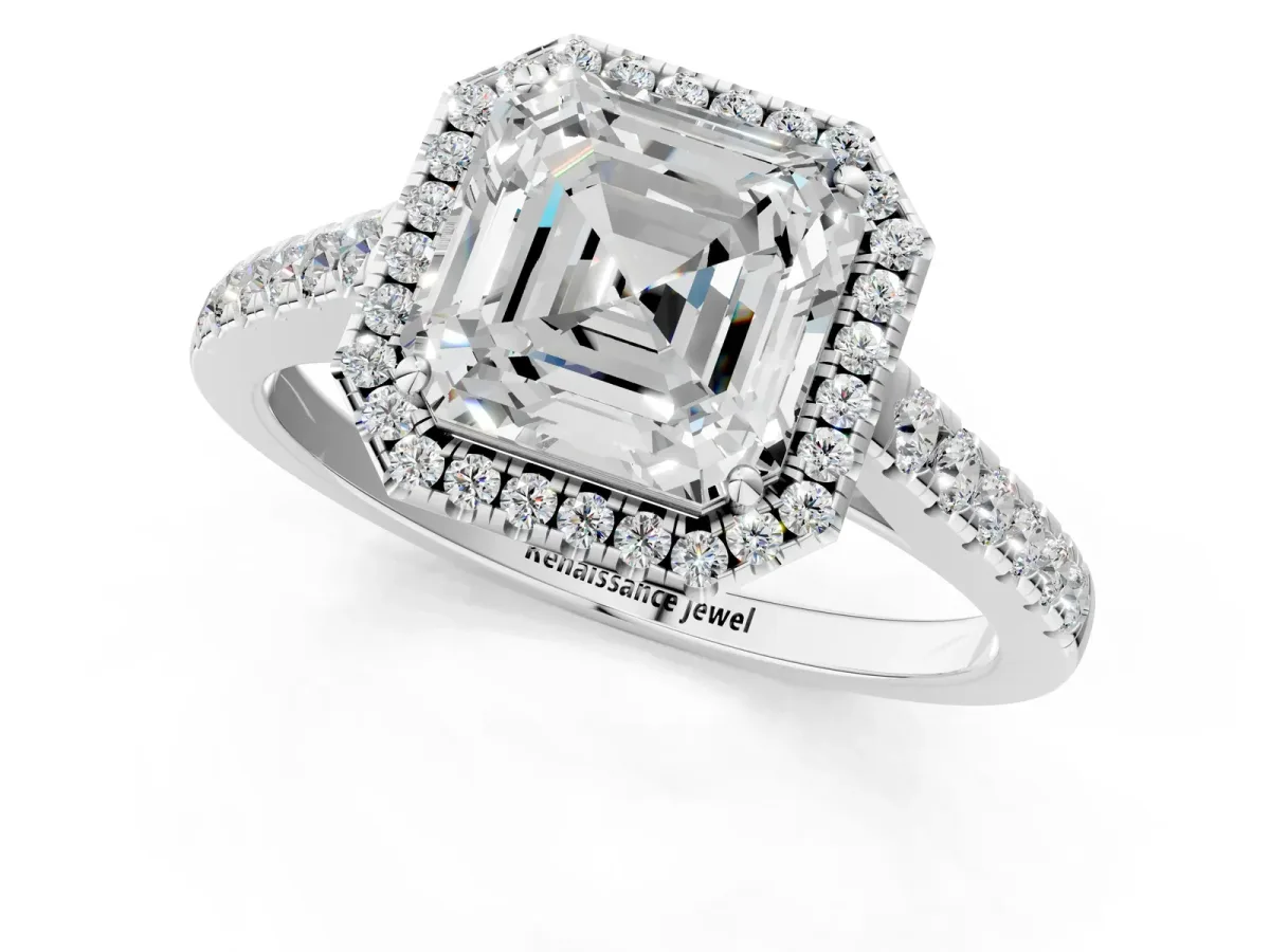 Asscher Cut Halo Pave Diamond Engagement Ring with Four-Prong Setting Platinum