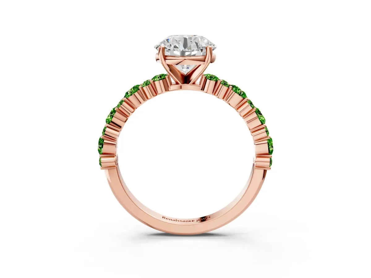 Round Cut Diamond Side Stone Solitaire Ring with Round Peridot and Four-Prong Setting Rose gold