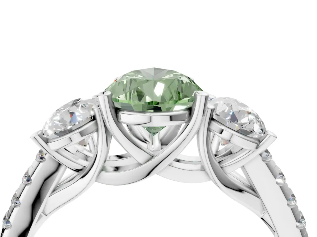 Fancy Green Three-Stone Pear Cut Diamond Ring with Round Pavé Band and Prong Setting Silver