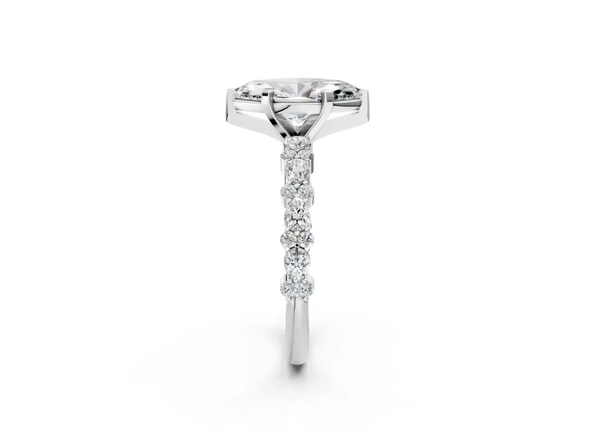 Marquise Cut Diamond Side Stone Solitaire Ring with Round Moissanite and Four-Prong Setting Silver
