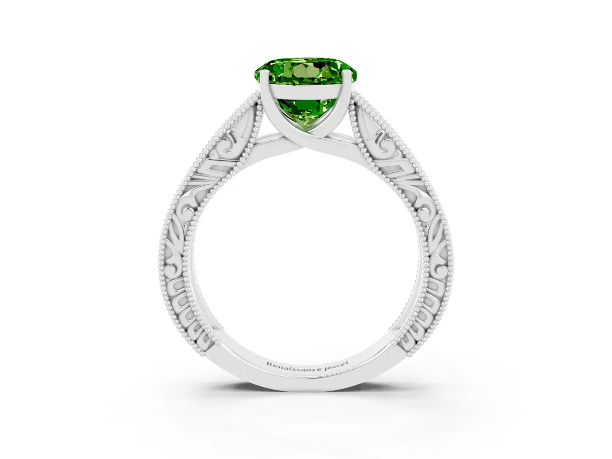 Round Cut Peridot Solitaire Ring with Engraved Band and Four-Prong Setting White gold