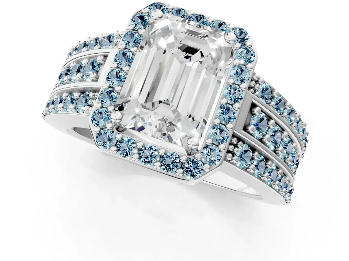 Emerald Cut Halo Diamond Ring with Round Aquamarine Split Shank and Prong Setting Silver