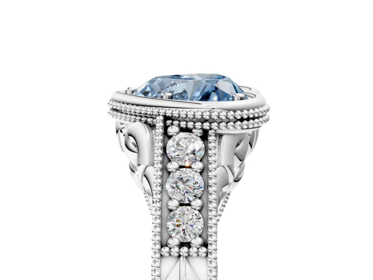 Fancy Blue Bezel Set Heart Cut Diamond Milgrain Pave Engagement Ring Platinum