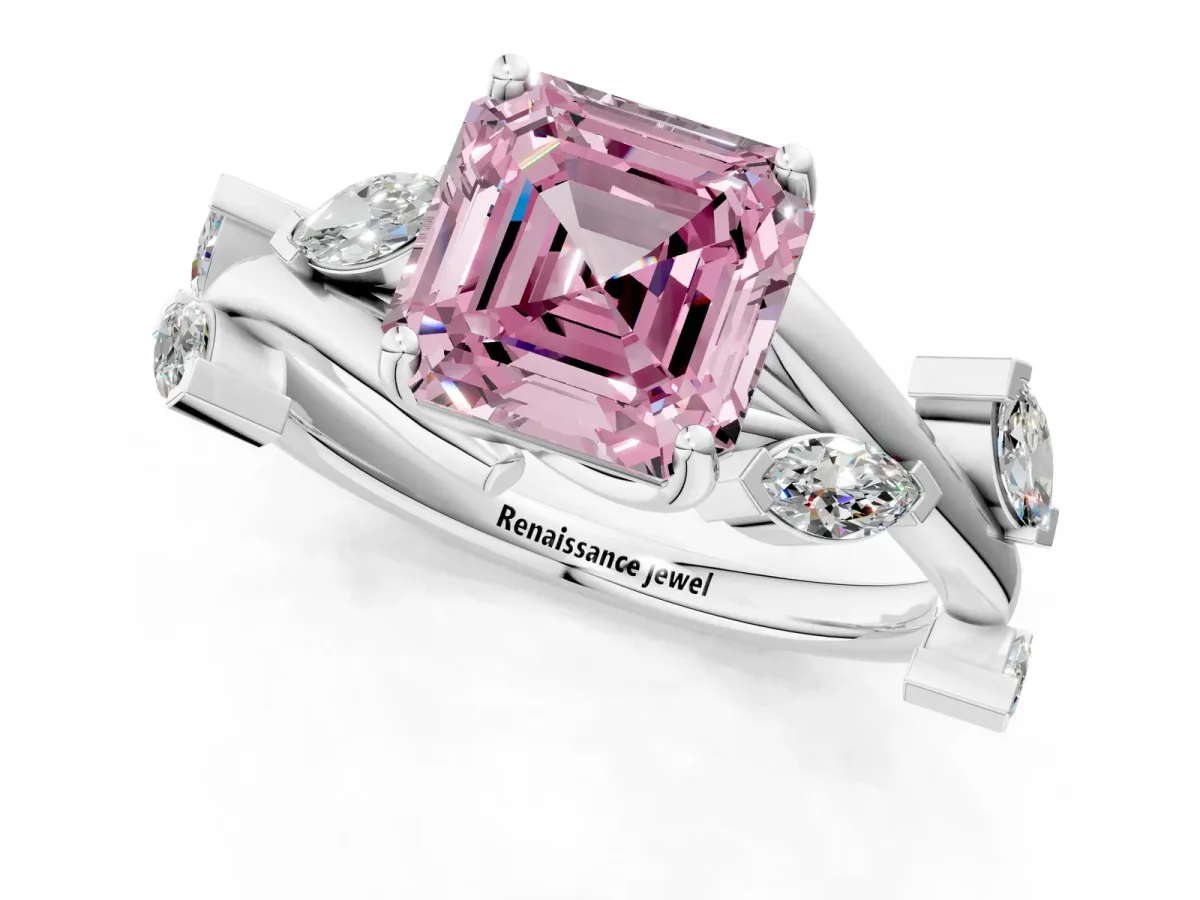 Fancy Pink Asscher Cut Solitaire Twisted Band Marquise Accent Prong Setting Ring Platinum