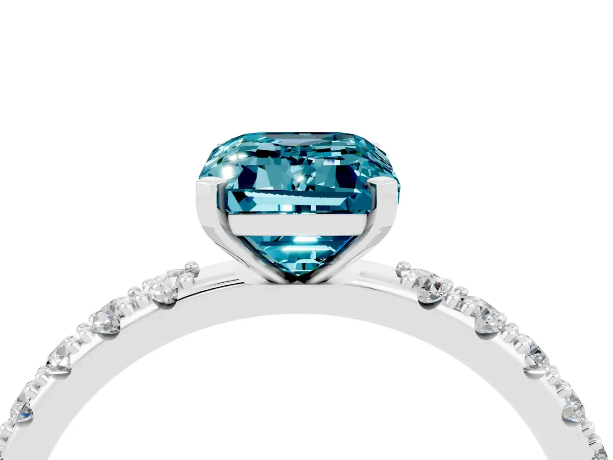 Emerald Cut Blue Topaz Solitaire Pavé Band with Four-Prong Setting Platinum