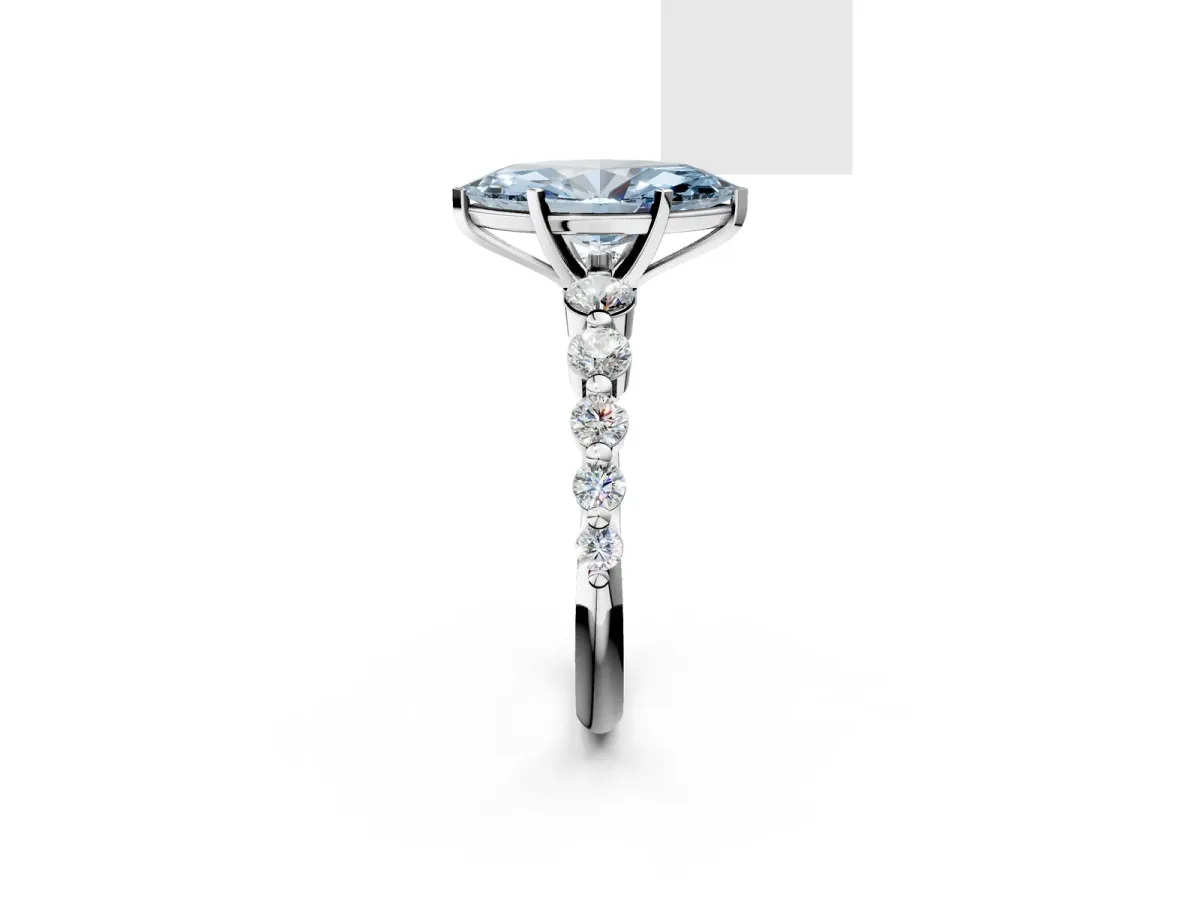 Fancy Blue Marquise Cut Solitaire Diamond Ring with Pave Band and Four-Prong Setting Silver