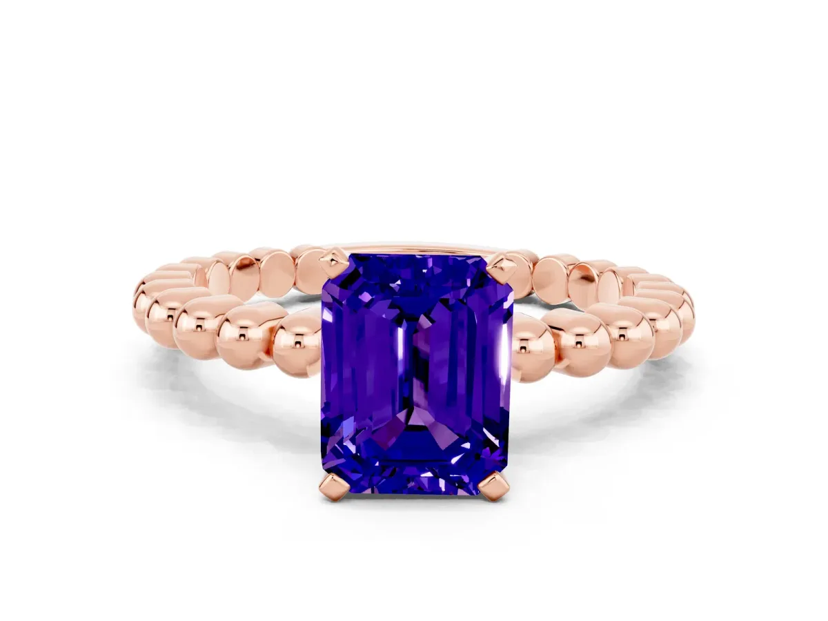 Emerald Cut Tanzanite Solitaire Ring with Beaded Band and Prong Setting Rose gold