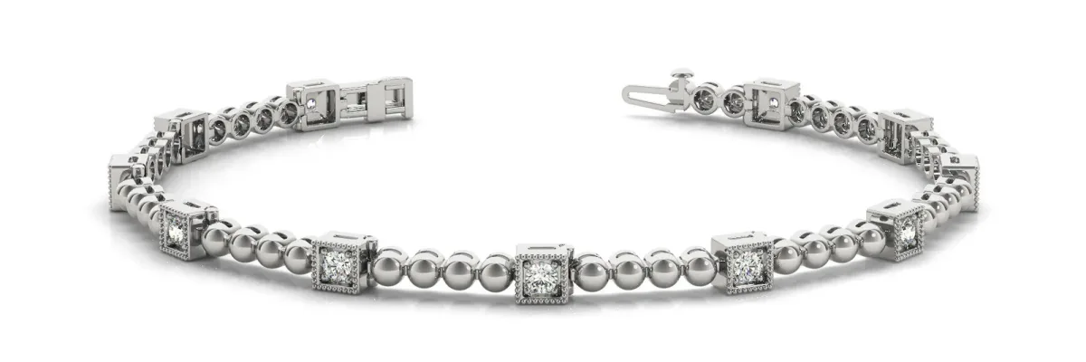 Square Bezel Set Round Diamond Beaded Tennis Bracelet White gold