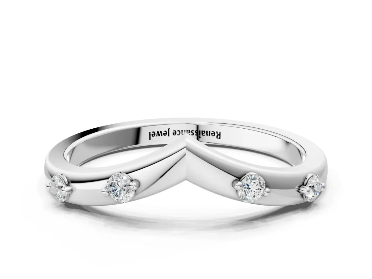 Diamond Chevron Band with Round Stones and Prong Setting White gold