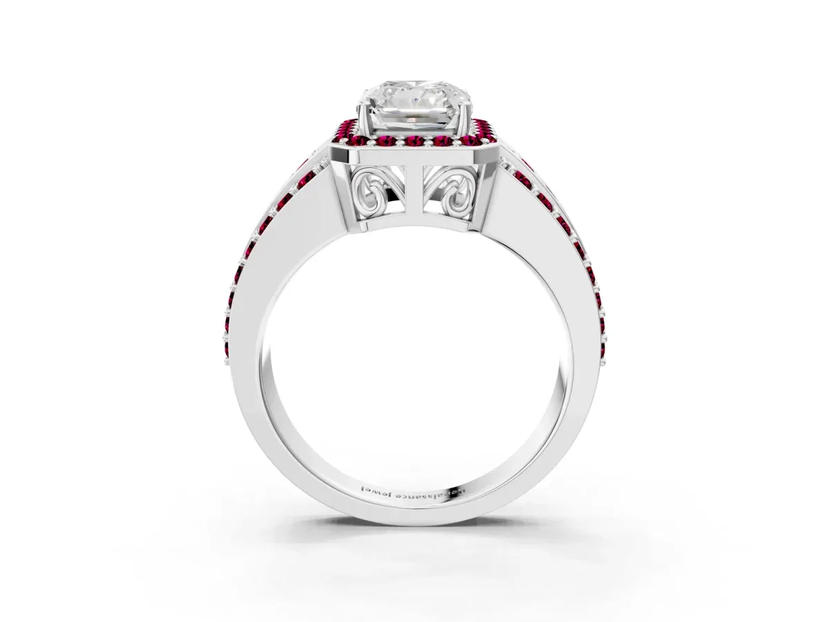 Radiant Cut Halo Diamond Ring with Round Garnet Split Shank and Prong Setting Platinum