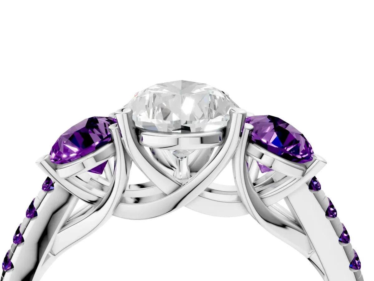 Three-Stone Pear Cut Diamond Ring with Round Amethyst Pavé Band and Prong Setting Silver
