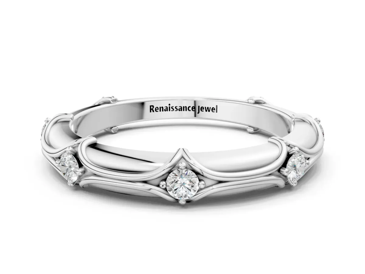 Round Diamond Prong Set Milgrain Eternity Band Silver