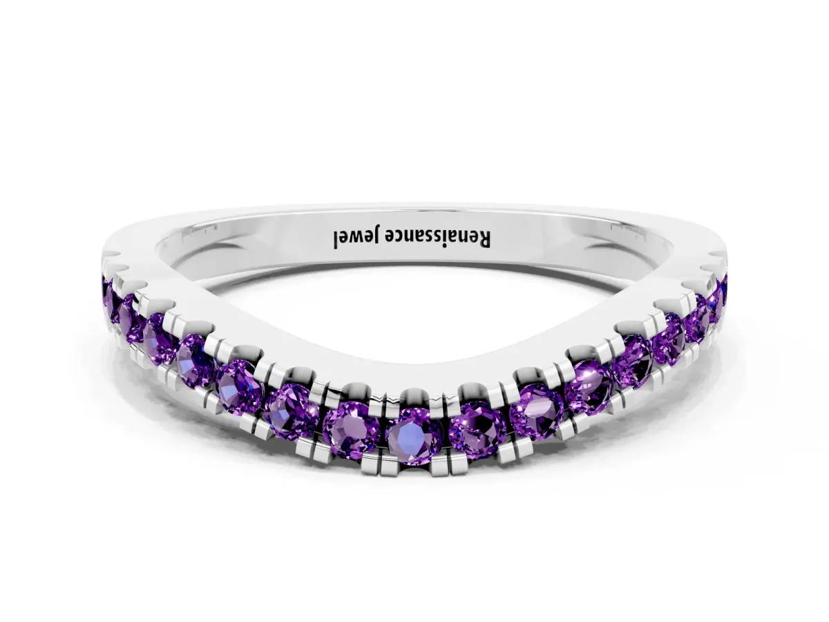 Round Amethyst Pavé Curved Band with Shared Prong Setting White gold