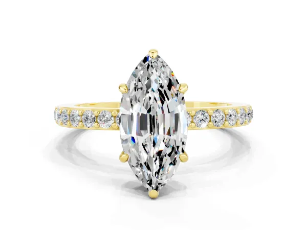 Marquise Cut Moissanite Solitaire Engagement Ring with Pavé Band and Four-Prong Setting Yellow gold