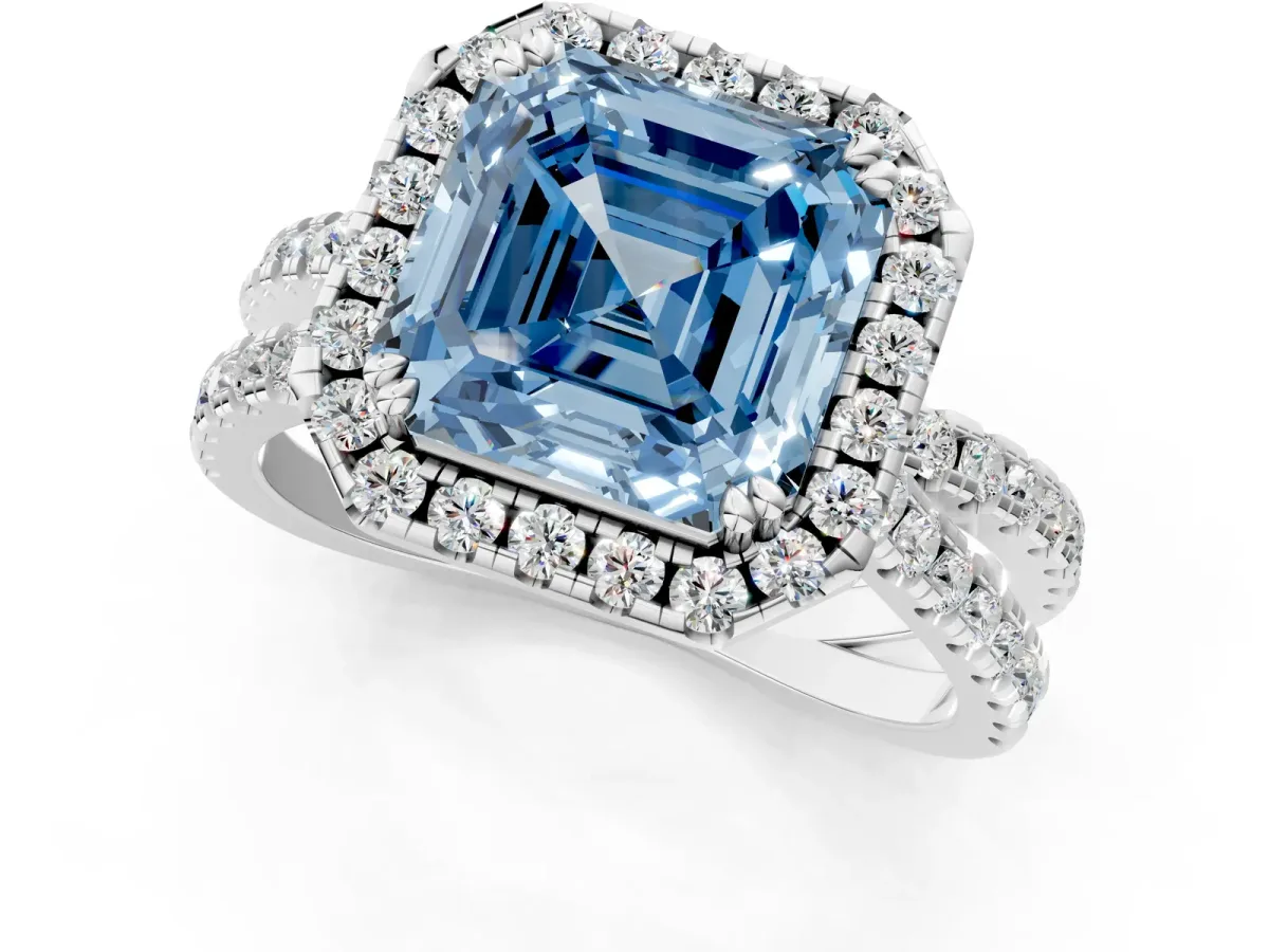 Fancy Blue Asscher Cut Halo Split Shank Diamond Ring with Pavé Setting Platinum