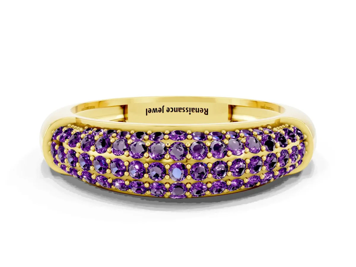 Three-Row Pavé Round Amethyst Dome Band Yellow gold