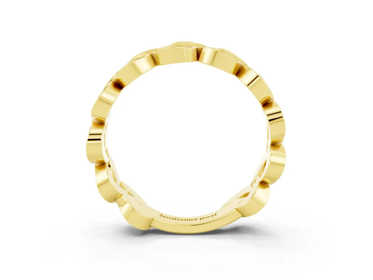Pavé Round Ruby Interlocking Eternity Band with Bezel Prong Setting Yellow gold