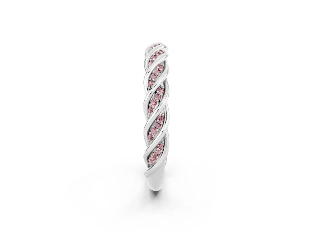 Twisted Pavé Round Morganite Eternity Band with Shared Prong Setting Silver