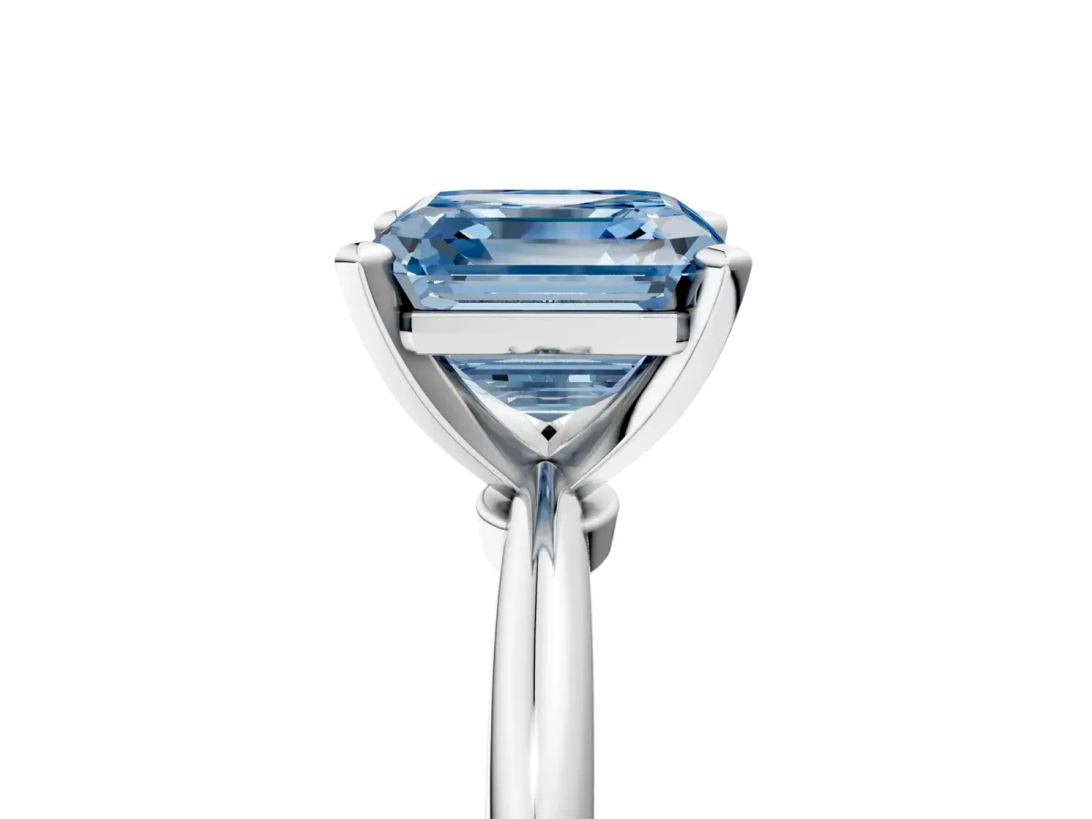 Fancy Blue Asscher Cut Diamond Solitaire Ring with Six-Prong Setting and Classic Band Silver