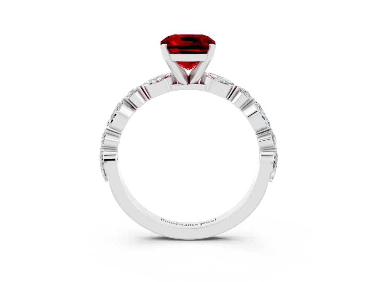 Cushion Cut Ruby Ring with Marquise and Round Side Stones and Four-Prong Setting Silver