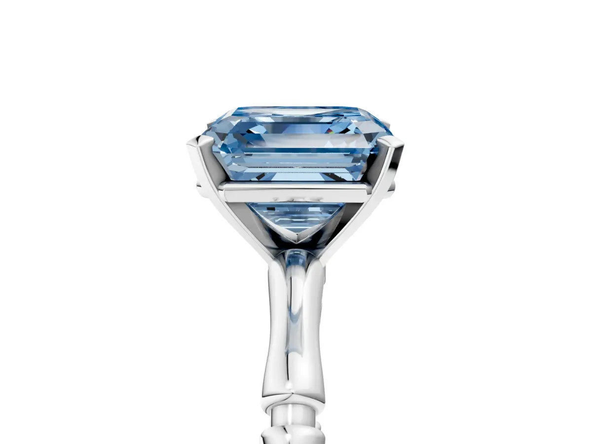 Fancy Blue Asscher Cut Solitaire Diamond Ring with Bamboo Band and Four-Prong Setting Platinum