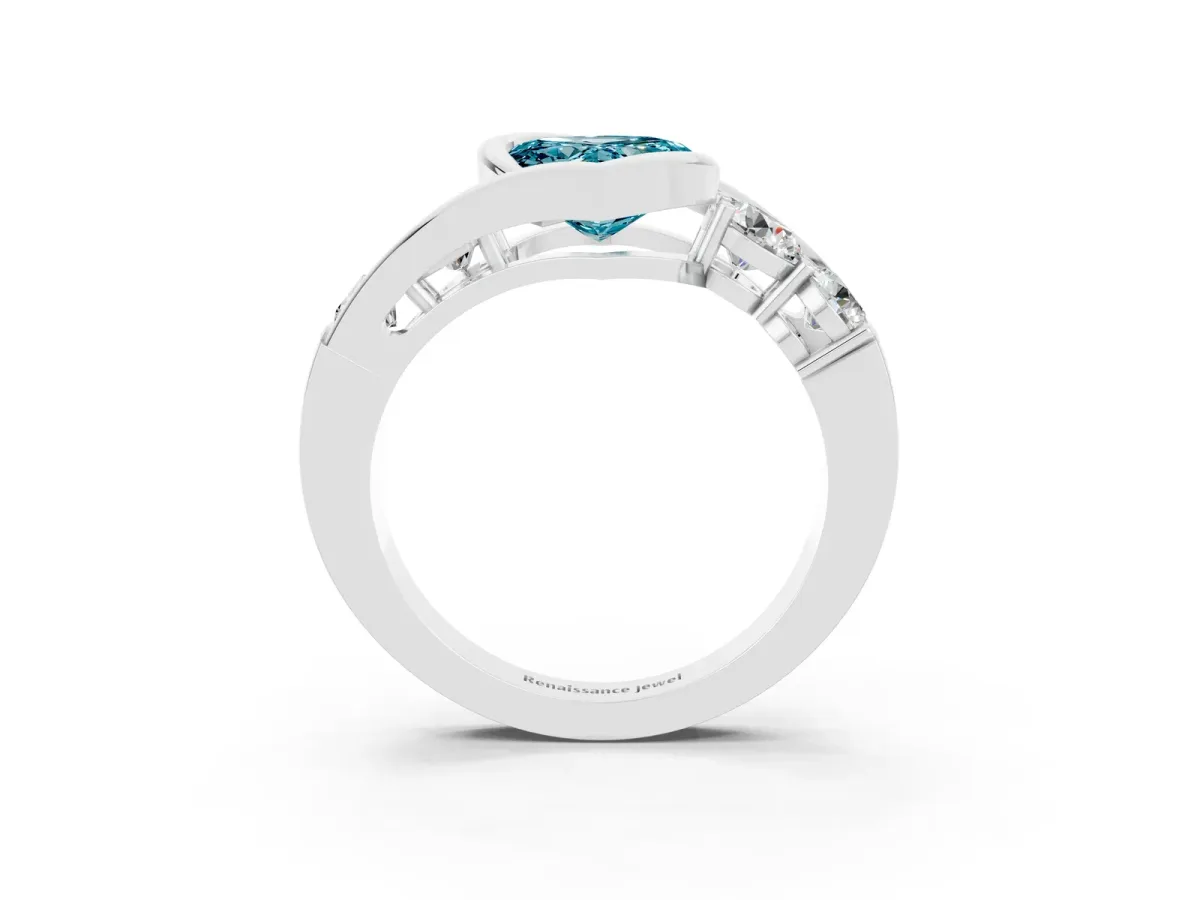 Bezel Set Heart Cut Blue Topaz Bypass Ring with Round Accents Silver