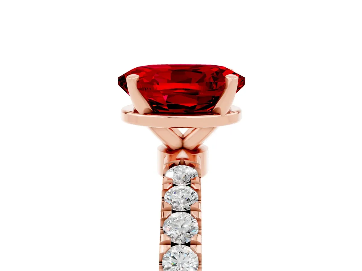 Oval Cut Ruby Solitaire Ring with Pavé Accents and Four-Prong Setting Rose gold
