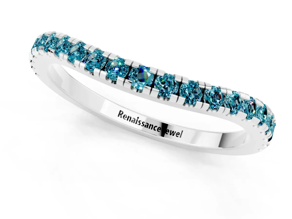 Round Blue Topaz Pavé Half Eternity Band with Shared Prong Setting Silver
